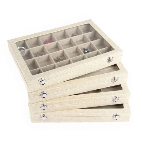 Linen Jewelry Storage Box With Transparent Glass Lid And Metal Buckle Multi-grid Display Case For Rings Necklaces Earrings Jewelry Organizer