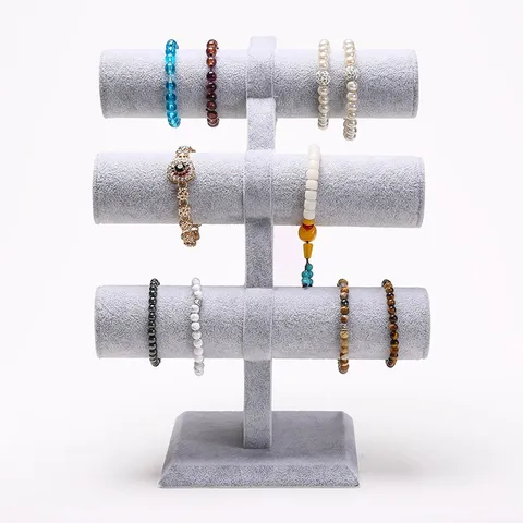 3 Tier Velvet T-Bar Jewelry Display Stand Bracelet Bangle Watch Organizer MDF Jewelry Holder For Store Counter Home Decor