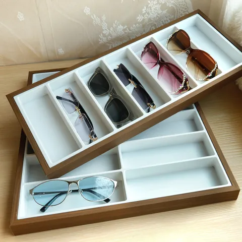 Holztextur Sonnenbrille Display Tablett Brillen Aufbewahrungsbox Eyewear Showcase Organizer Multi Slot Brillen Tablett Halter