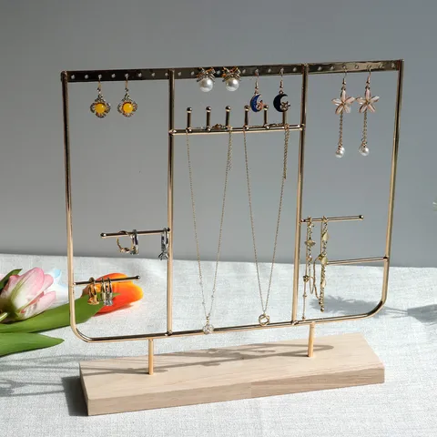 Modern Iron Solid Wood Jewelry Stand Multi Layer Earring Storage Rack Necklace Bracelet Holder Dresser Organizer