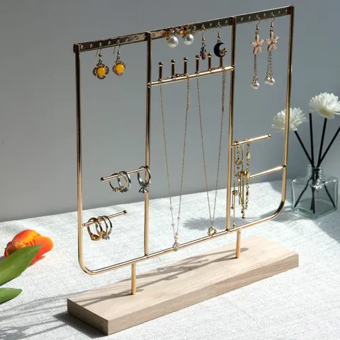 Modern Iron Solid Wood Jewelry Stand Multi Layer Earring Storage Rack Necklace Bracelet Holder Dresser Organizer