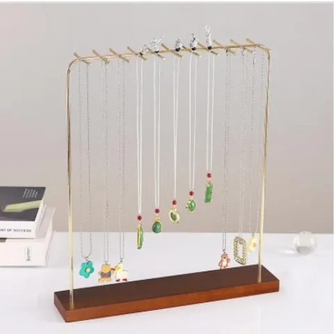 Large Wooden Necklace Display Stand With Gold Metal Hooks Jewelry Organizer For Bracelets And Sweaters Chain Display Holder