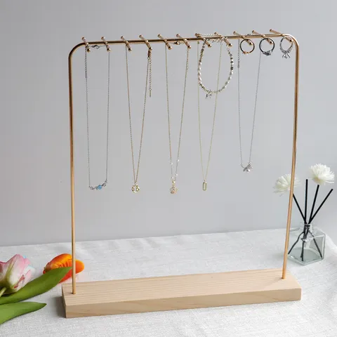 Large Wooden Necklace Display Stand With Gold Metal Hooks Jewelry Organizer For Bracelets And Sweaters Chain Display Holder