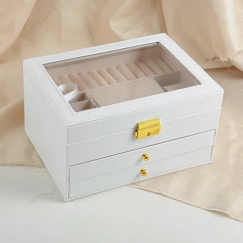 Portagioie Multistrato in Pelle PU Scatola di Grande Capacità Con Coperchio in Vetro Per Orecchini Anelli Collane Regalo Donna