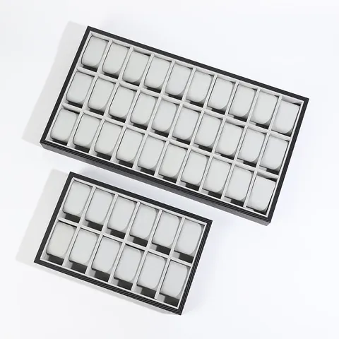 Uhren-Display-Tablett Kohlefaser Holzmaserung MDF Samt Schmuck Organizer 12 24 30 Slots Uhren-Aufbewahrungsbox Vitrine