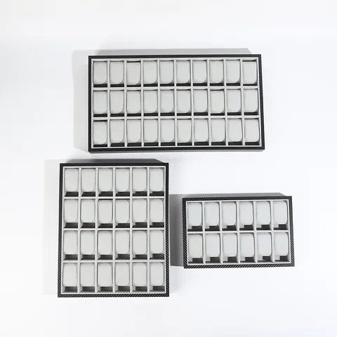 Uhren-Display-Tablett Kohlefaser Holzmaserung MDF Samt Schmuck Organizer 12 24 30 Slots Uhren-Aufbewahrungsbox Vitrine