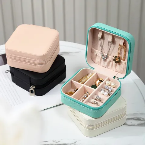 Minimalist Portable PU Leather Jewelry Box For Travel Multi Grid Earring Necklace Ring Organizer Square Zipper Jewelry Case