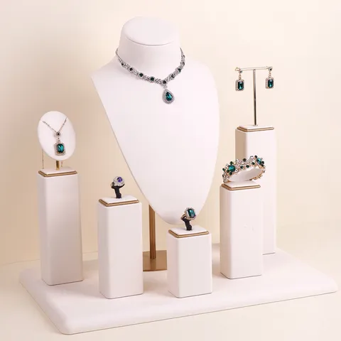 Luxurious Off-White Microfiber Leather Jewelry Display Stand Necklace Bust Mannequin Rings Earrings Bracelets Showroom Props Organizer