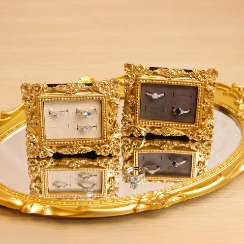 Vintage Gold Harz Schmuck Tablett Nordischer Stil Relief Blumenrahmen Ring Organizer Halter Samt Schmuck Aufbewahrung Fotografie Requisiten