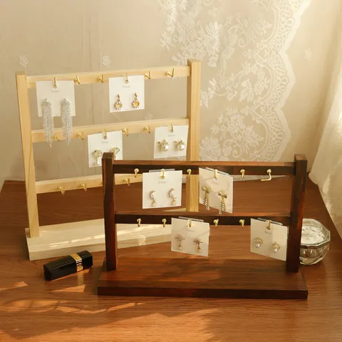 Grote Capaciteit Massief Houten Oorbellenhouder Sieraden Display Stand Met Metalen Haken Meerlaagse Desktop Oorbellen Organizer