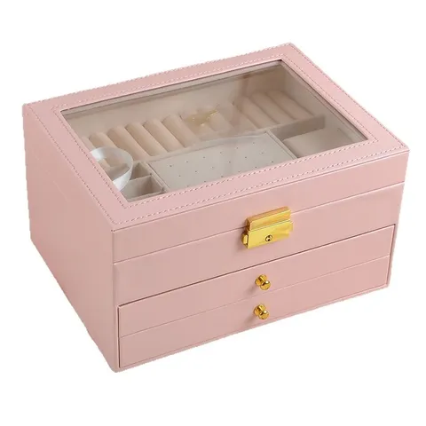 Portagioie Multistrato in Pelle PU Scatola di Grande Capacità Con Coperchio in Vetro Per Orecchini Anelli Collane Regalo Donna