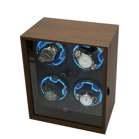 Caricaorologi Automatico Scatola di Immagazzinaggio in Legno di Lusso Con Luce LED Blu Motore Silenzioso Scatola per Orologi Meccanici Display