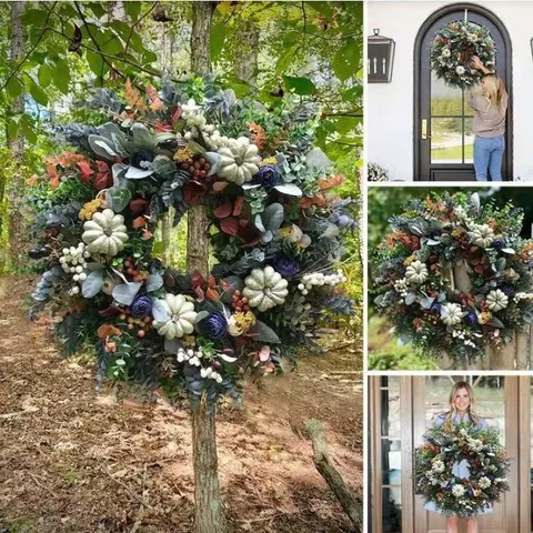 Halloween Eucalyptus Leaf Wreath Artificial Plant White Pumpkin Berry Fall Door Hanging Sign Festival Party Home Decor