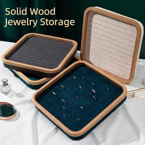 Bandeja de Exhibición de Joyas de Bambú de Gran Capacidad Con Tapa Caja de Almacenamiento de Anillos de Terciopelo Organizador