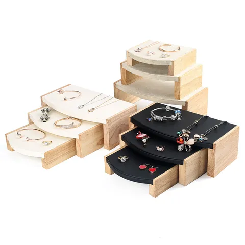 Solid Wood Jewelry Display Stand Set Solid Wood PU Leather Jewelry Holder For Necklace Bracelet Rings Desktop Ornament