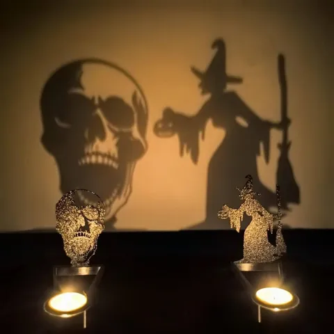 Portacandela con Ombra di Halloween Proiezione Creativa Supporto in Metallo per Lumino Decorazione da Tavolo Regalo per Festa