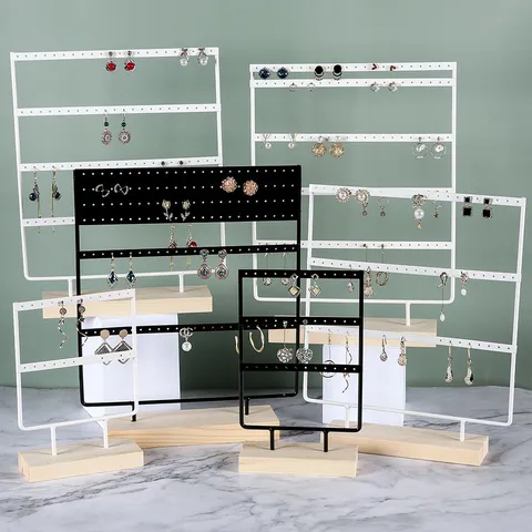 Expositor de Joyas de Hierro Con Base de Madera Soporte para Pendientes Multicapa Organizador de Collares Decoración Hogar