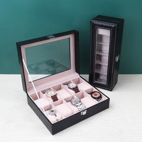 Boîte à Montres en Cuir PU à Motif Crocodile Plusieurs Emplacements Avec Fenêtre en Verre Organisateur de Montres Coffret Cadeau Pour Hommes Femmes