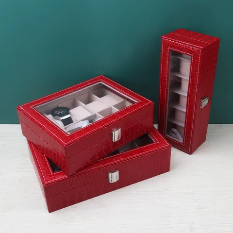 Boîte à Montres en Cuir PU à Motif Crocodile Plusieurs Emplacements Avec Fenêtre en Verre Organisateur de Montres Coffret Cadeau Pour Hommes Femmes