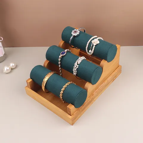 3-laags Bamboe Houten Sieradenrek Fluweel Armband Horlogestandaard Afneembare Trapsgewijze Organizer Houder