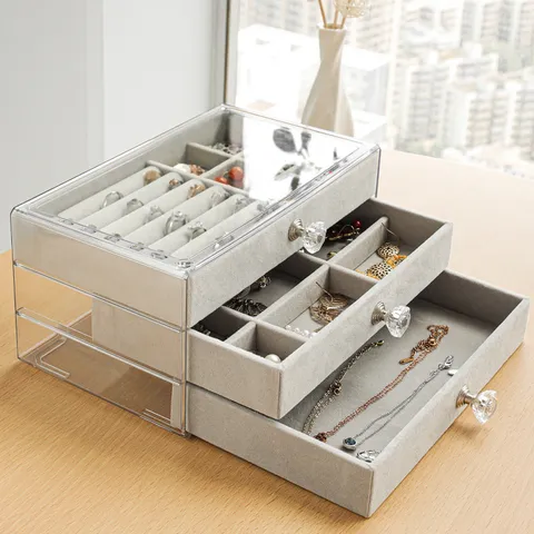 Acrylic Velvet Jewelry Organizer Box Multi-Layer Drawer Earring Ring Necklace Storage Case Dustproof Display Jewelry Box For Women