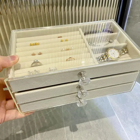 Acrylic Velvet Jewelry Organizer Box Multi-Layer Drawer Earring Ring Necklace Storage Case Dustproof Display Jewelry Box For Women
