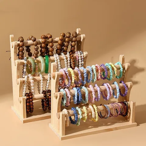 Supporto Espositore per Gioielli in Legno Massiccio Portabracciali a Livelli Organizzatore per Elastici per Capelli Orologi Casa