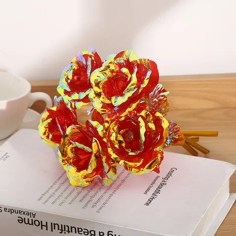 Artificial Gold Foil Rose Bouquet Iridescent Plastic Rose For Valentines Day Home Decor Party Gift