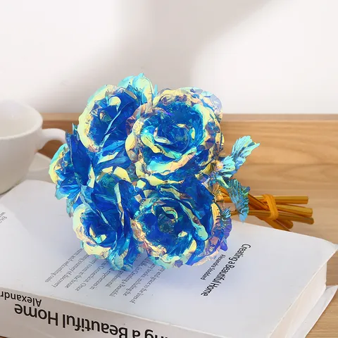 Artificial Gold Foil Rose Bouquet Iridescent Plastic Rose For Valentines Day Home Decor Party Gift