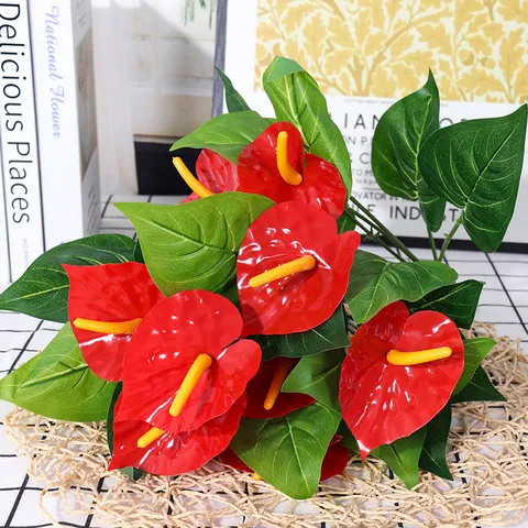 Artificial Anthurium Flower Bouquet Fake Plastic Green Plants for Hotel Home Wedding Decor Photography Props