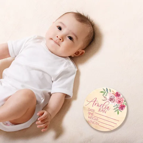 Letrero de Estadísticas de Nacimiento de Recién Nacido de Madera Adorno de Disco de Hito de Bebé Personalizado Accesorio de Foto de Baby Shower