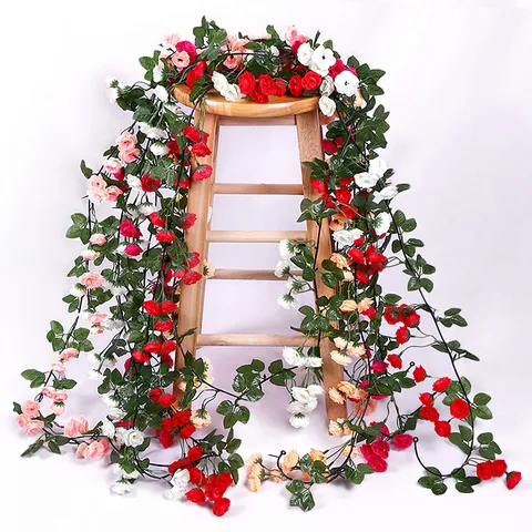 Artificial Silk Rose Flower Vine Fake Hanging Plant Garland For Wedding Home Balcony Ceiling Decor Floral Arrangement