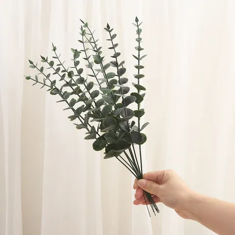 Artificial Eucalyptus Leaves Plastic Frosted White Branch Fake Greenery Plant Stem For Home Decor Floral Arrangement
