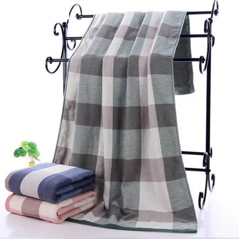 Serviette de Bain en Gaze de Coton Épaissie Serviette de Bain Absorbante à Carreaux Rayures pour Adultes Douche Quotidienne Plage