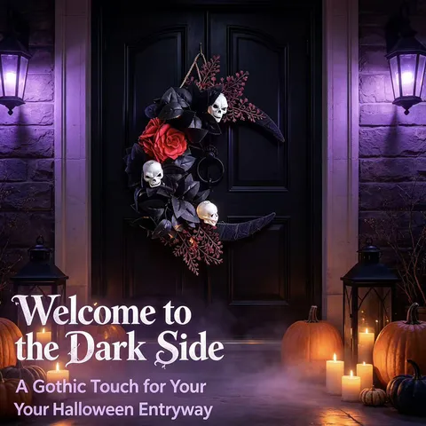 Dark Gothic Halloween Crescent Wreath Skull Artificial Rose Black Leaves Hanging Ornament Home Wall Fireplace Decor