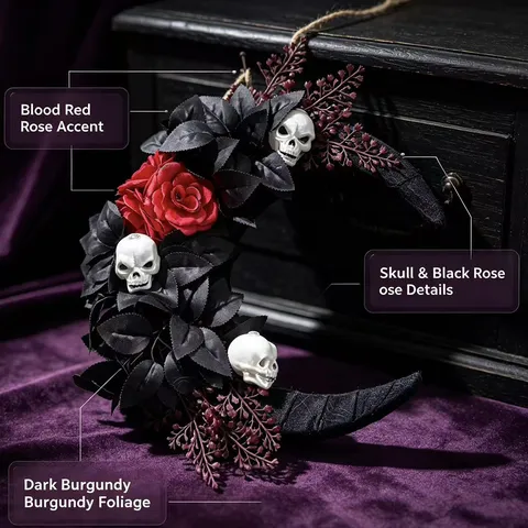 Dark Gothic Halloween Crescent Wreath Skull Artificial Rose Black Leaves Hanging Ornament Home Wall Fireplace Decor