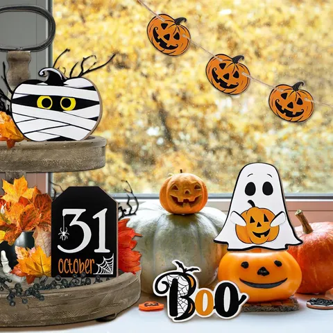 Halloween Wooden Tiered Tray Decor Pumpkin Ghost Wood Sign Set Festive Table Centerpiece Rustic Farmhouse Home Ornament