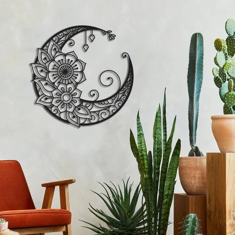 Μεταλλική Τέχνη Τοίχου Mandala Moon Ημισέληνος Ανοξείδωτος Χάλυβας Κοίλη Κρεμαστή Διακόσμηση Μοντέρνα Ουράνια Φλοράλ Γλυπτό Για Σπίτι