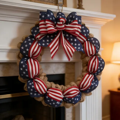 American Flag Burlap Wreath Independence Day Door Hanging Wall Decor Patriotic Ribbon Bow Seasonal Celebration Ornament