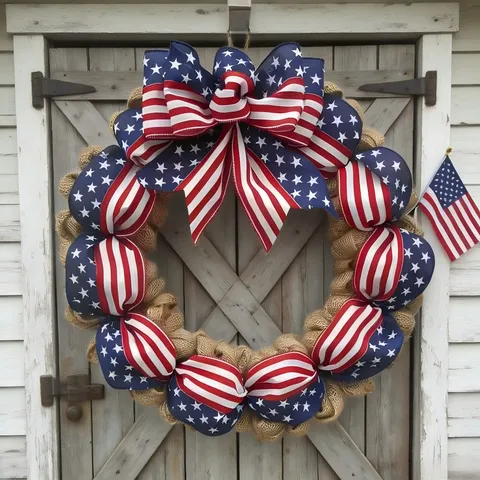American Flag Burlap Wreath Independence Day Door Hanging Wall Decor Patriotic Ribbon Bow Seasonal Celebration Ornament