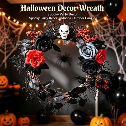 Ghirlanda in Rattan con Teschio Scuro di Halloween Rose Artificiali