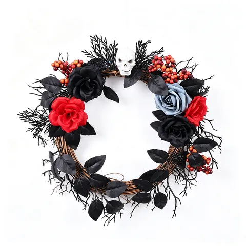 Ghirlanda in Rattan con Teschio Scuro di Halloween Rose Artificiali