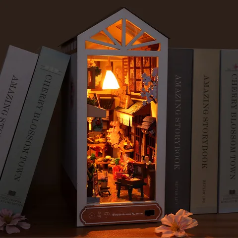 Kit de Casa de Muñecas en Miniatura de Madera Rincón de Libros DIY con Luz LED Decoración de Rompecabezas