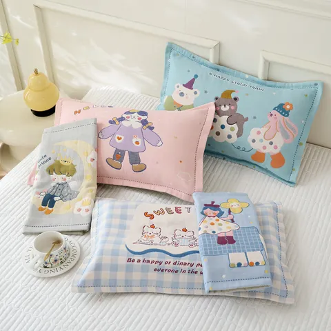Cute Cartoon Cotton Gauze Pillowcase Breathable Sweat-Absorbing Kids Student Dormitory Pillow Cover