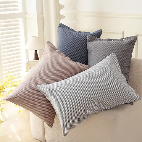 Pure Cotton Gauze Pillowcase Snap Button Closure Simple Plaid Pillow Cover Soft Breathable Bedding Pillow Protector