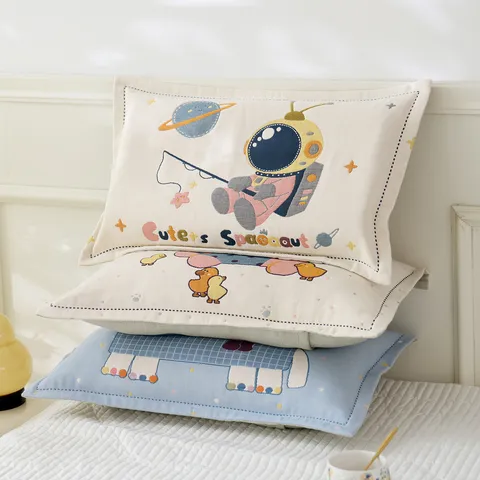 Cute Cartoon Cotton Gauze Pillowcase Breathable Sweat-Absorbing Kids Student Dormitory Pillow Cover