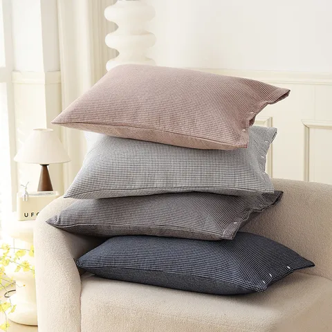 Pure Cotton Gauze Pillowcase Snap Button Closure Simple Plaid Pillow Cover Soft Breathable Bedding Pillow Protector