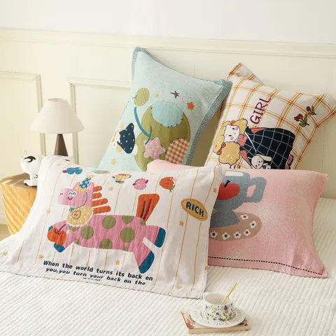 Pure Cotton Four Layer Gauze Pillow Towel Cartoon Cute Print Breathable Home Bedding Pillow Protector Cover