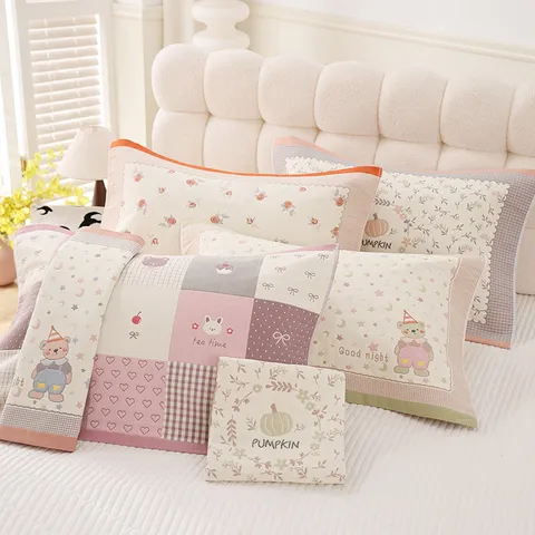 Soft Cotton Pillow Towel Cartoon Print Breathable Bed Pillow Cover Protector Household Bedding Pillowcase For Kids Adults