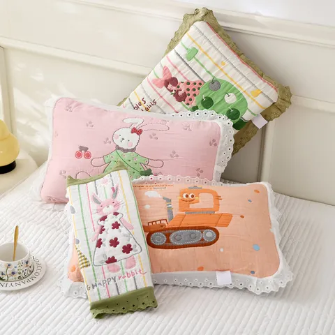 Children's Cotton Gauze Pillowcase Soft Breathable Cute Cartoon Embroidery Lace Edge Home Bedroom Pillow Cover